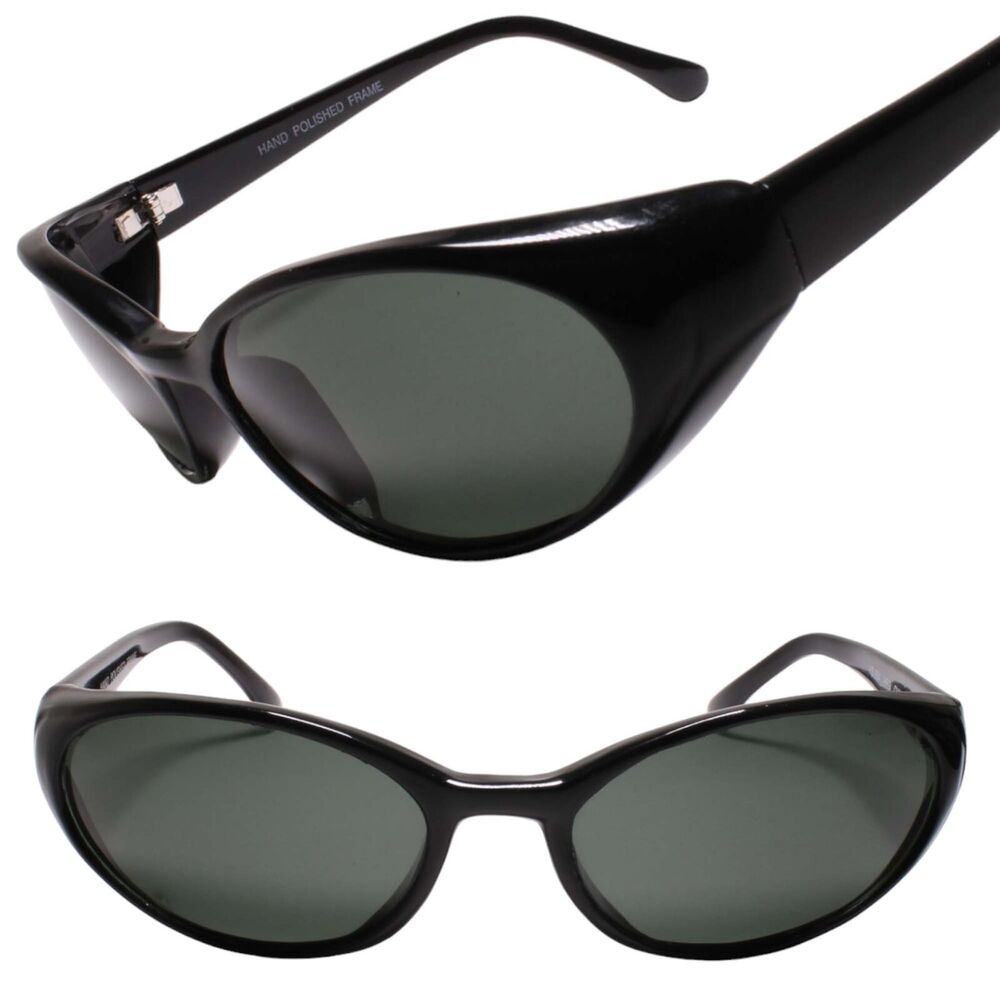 Glam Rock 80s 90s Genuine Vintage Mens Womens Oval Wrap Bold Black Sunglasses